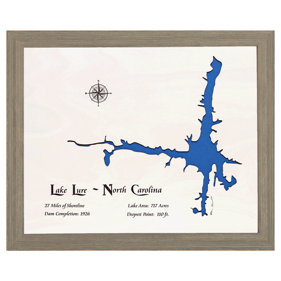 Lake Lure, North Carolina White Washed Wood and Rustic Gray Frame Lake Map Silhouette