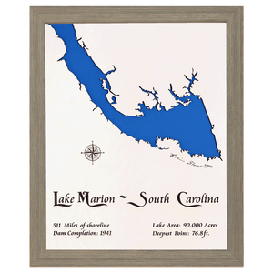 Lake Marion, South Carolina White Washed Wood and Rustic Gray Frame Lake Map Silhouette