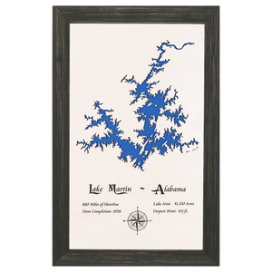 Lake Martin, Alabama White Washed Wood and Distressed Black Frame Lake Map Silhouette