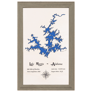 Lake Martin, Alabama White Washed Wood and Rustic Gray Frame Lake Map Silhouette