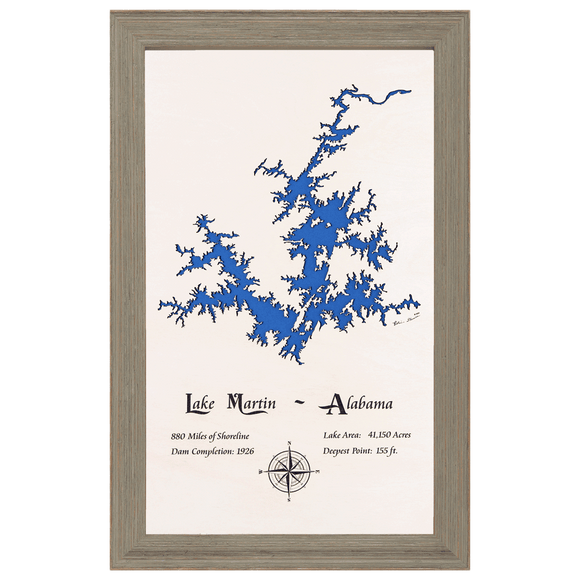 Lake Martin, Alabama White Washed Wood and Rustic Gray Frame Lake Map Silhouette