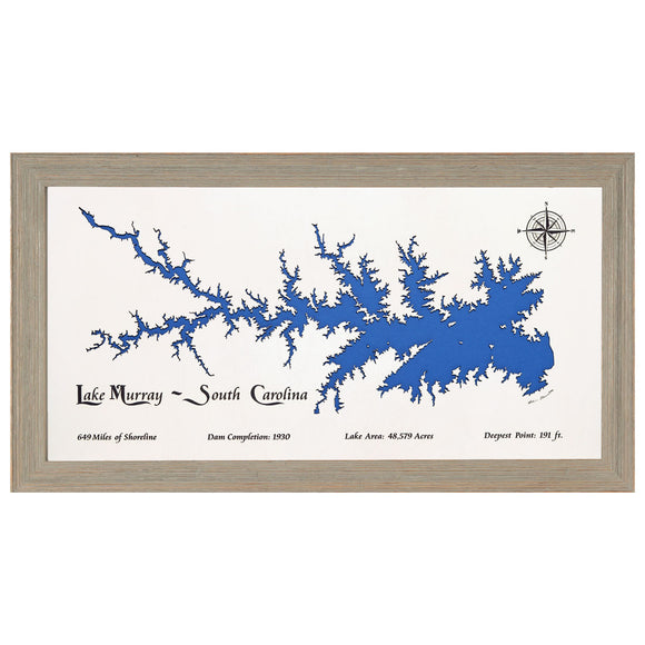 Lake Murray, South Carolina White Washed Wood and Rustic Gray Frame Lake Map Silhouette