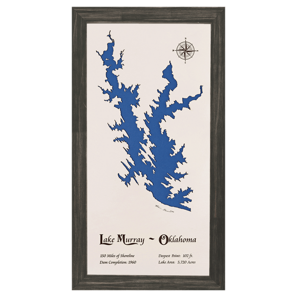 Lake Murray, Oklahoma White Washed Wood and Distressed Black Frame Lake Map Silhouette