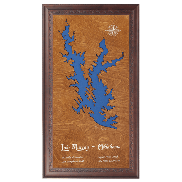 Lake Murray, Oklahoma Stained Wood and Dark Walnut Frame Lake Map Silhouette