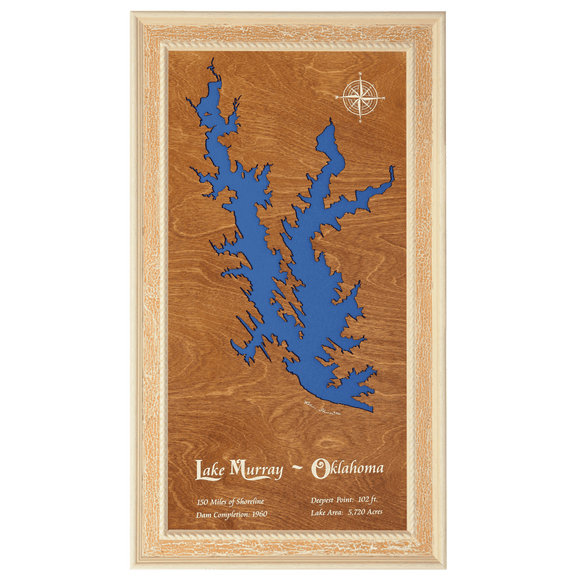Lake Murray, Oklahoma Stained Wood and Distressed White Frame Lake Map Silhouette