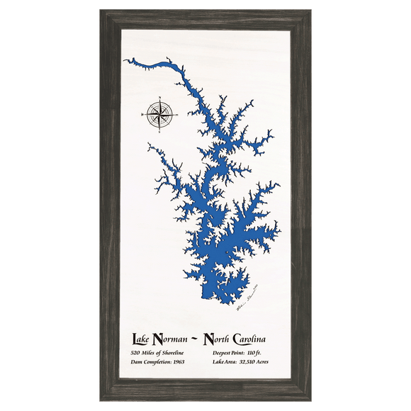 Lake Norman, North Carolina White Washed Wood and Distressed Black Frame Lake Map Silhouette