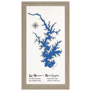 Lake Norman, North Carolina White Washed Wood and Rustic Gray Frame Lake Map Silhouette