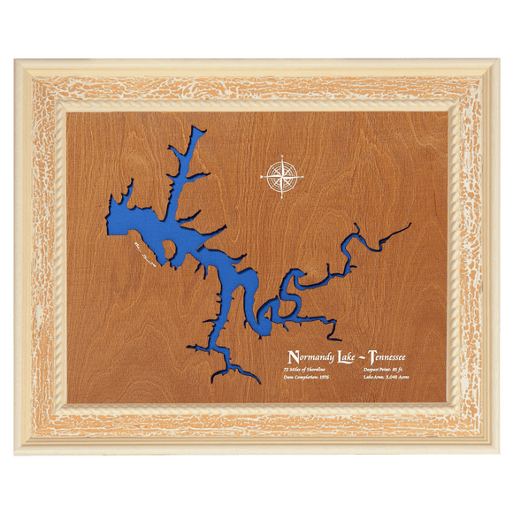Normandy Lake, Tennessee Stained Wood and Distressed White Frame Lake Map Silhouette