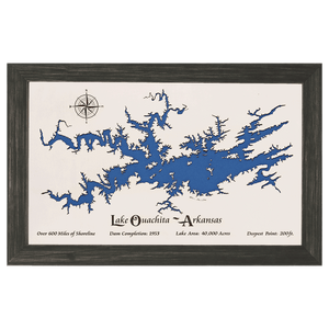 Lake Ouachita, Arkansas White Washed Wood and Distressed Black Frame Lake Map Silhouette