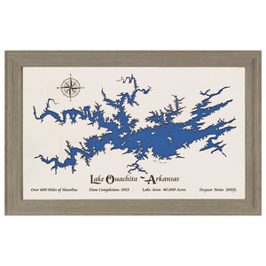 Lake Ouachita, Arkansas White Washed Wood and Rustic Gray Frame Lake Map Silhouette