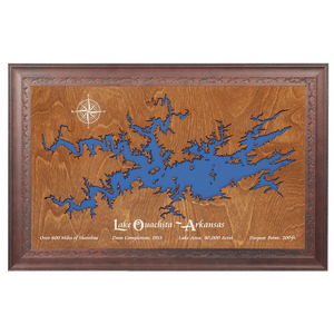 Lake Ouachita, Arkansas Stained Wood and Dark Walnut Frame Lake Map Silhouette