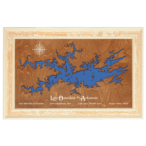 Lake Ouachita, Arkansas Stained Wood and Distressed White Frame Lake Map Silhouette
