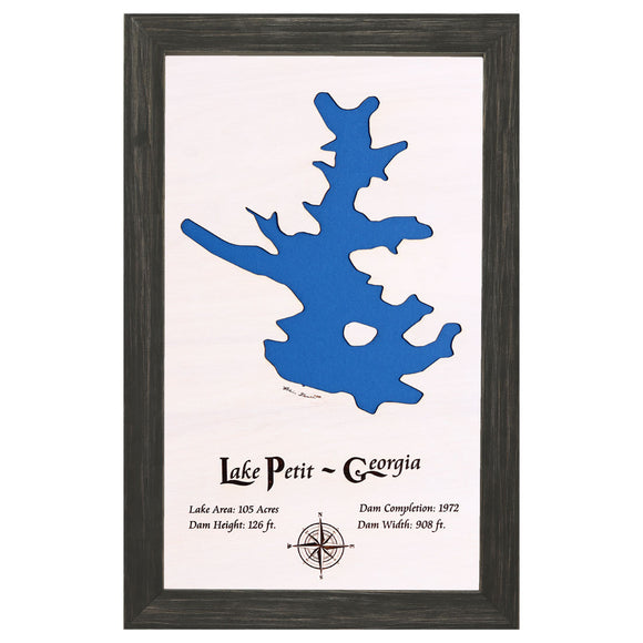 Lake Petit, Georgia White Washed Wood and Distressed Black Frame Lake Map Silhouette