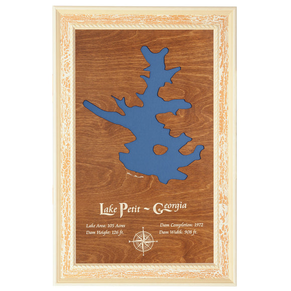Lake Petit, Georgia Stained Wood and Distressed White Frame Lake Map Silhouette