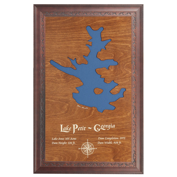Lake Petit, Georgia Stained Wood and Dark Walnut Frame Lake Map Silhouette