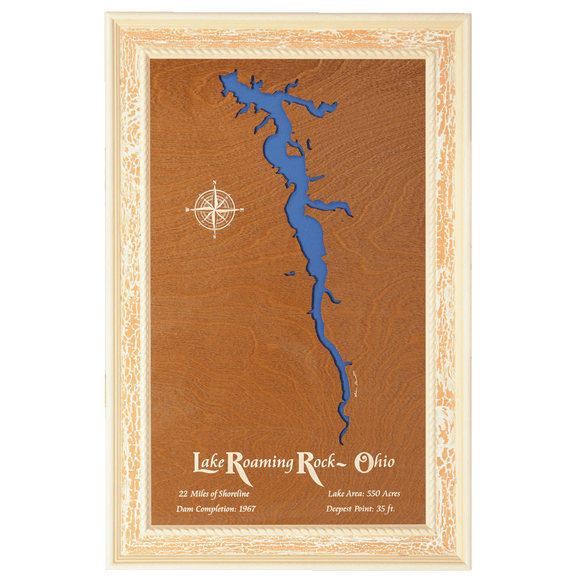 Lake Roaming Rock, Ohio Stained Wood and Distressed White Frame Lake Map Silhouette