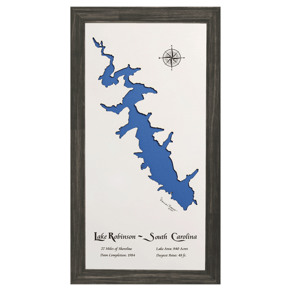 Lake Robinson, Greer, South Carolina White Washed Wood and Distressed Black Frame Lake Map Silhouette