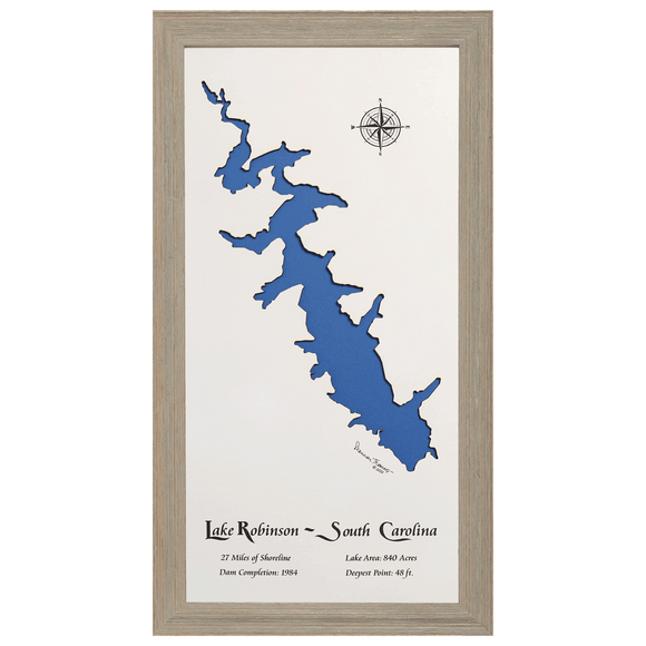 Lake Robinson, Greer, South Carolina White Washed Wood and Rustic Gray Frame Lake Map Silhouette