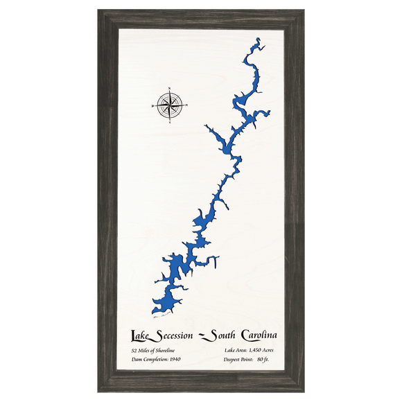 Lake Secession, South Carolina White Washed Wood and Distressed Black Frame Lake Map Silhouette