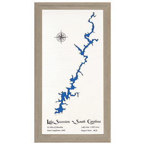 Lake Secession, South Carolina White Washed Wood and Rustic Gray Frame Lake Map Silhouette