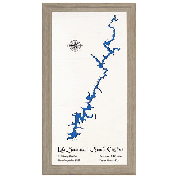 Lake Secession, South Carolina White Washed Wood and Rustic Gray Frame Lake Map Silhouette