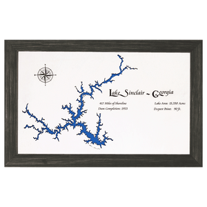 Lake Sinclair, Georgia White Washed Wood and Distressed Black Frame Lake Map Silhouette