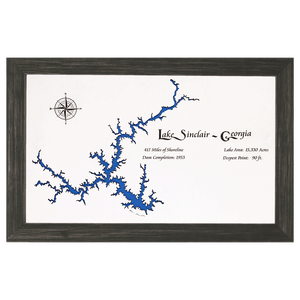 Lake Sinclair, Georgia White Washed Wood and Distressed Black Frame Lake Map Silhouette