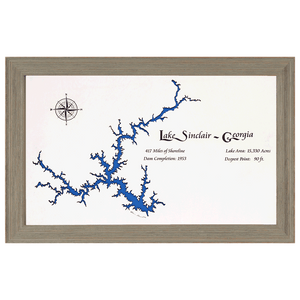 Lake Sinclair, Georgia White Washed Wood and Rustic Gray Frame Lake Map Silhouette