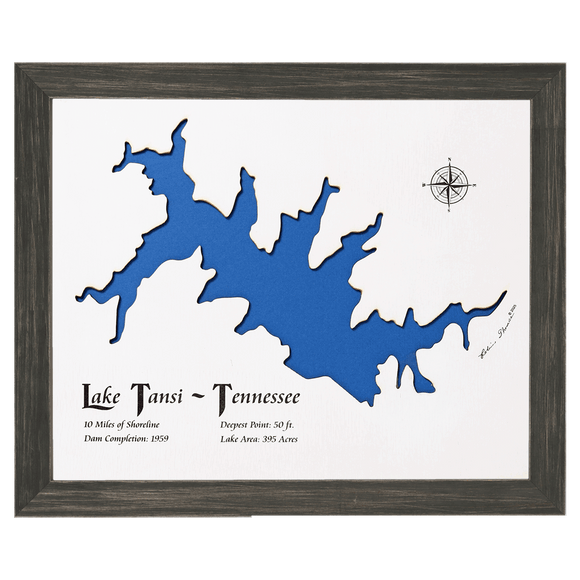 Lake Tansi, Tennessee White Washed Wood and Distressed Black Frame Lake Map Silhouette