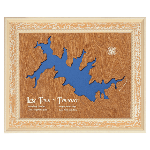 Lake Tansi, Tennessee Stained Wood and Distressed White Frame Lake Map Silhouette