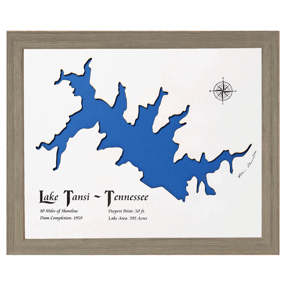 Lake Tansi, Tennessee White Washed Wood and Rustic Gray Frame Lake Map Silhouette