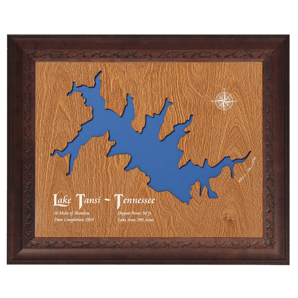 Lake Tansi, Tennessee Stained Wood and Dark Walnut Frame Lake Map Silhouette