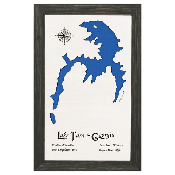 Lake Tara, Georgia White Washed Wood and Distressed Black Frame Lake Map Silhouette