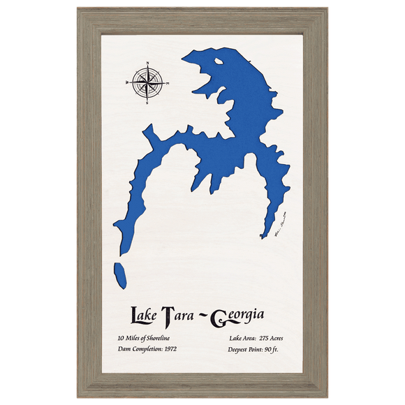 Lake Tara, Georgia White Washed Wood and Rustic Gray Frame Lake Map Silhouette