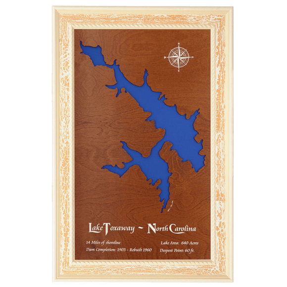 Lake Toxaway, North Carolina Stained Wood and Distressed White Frame Lake Map Silhouette