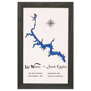 Lake Wateree, South Carolina White Washed Wood and Distressed Black Frame Lake Map Silhouette