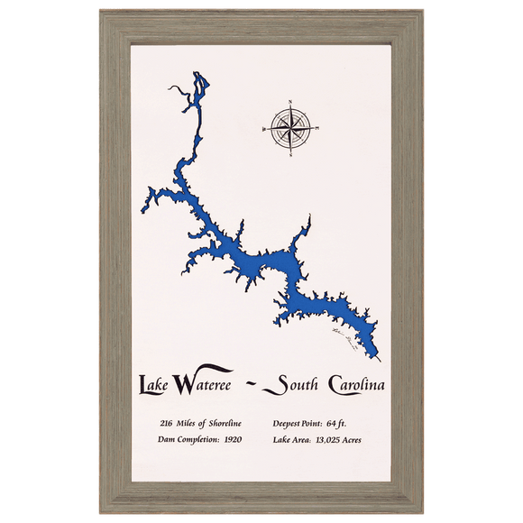 Lake Wateree, South Carolina White Washed Wood and Rustic Gray Frame Lake Map Silhouette