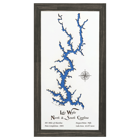Lake Wylie, North Carolina and South Carolina White Washed Wood and Distressed Black Frame Lake Map Silhouette