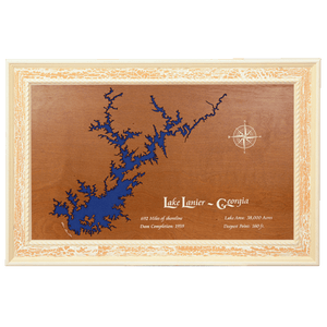 Lake Lanier, Georgia Stained Wood and Distressed White Frame Lake Map Silhouette