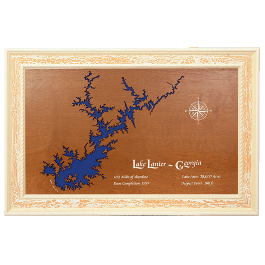 Lake Lanier, Georgia Stained Wood and Distressed White Frame Lake Map Silhouette