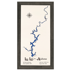 Lay Lake, Alabama White Washed Wood and Distressed Black Frame Lake Map Silhouette