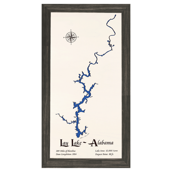 Lay Lake, Alabama White Washed Wood and Distressed Black Frame Lake Map Silhouette