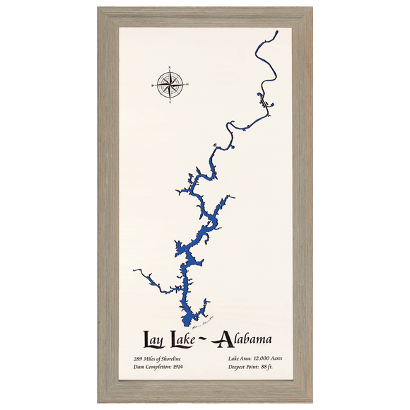 Lay Lake, Alabama White Washed Wood and Rustic Gray Frame Lake Map Silhouette