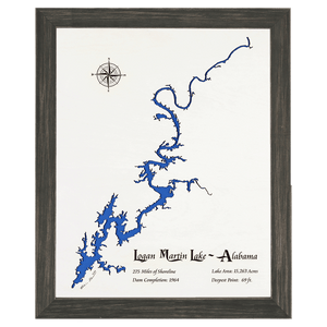 Logan Martin Lake, Alabama White Washed Wood and Distressed Black Frame Lake Map Silhouette