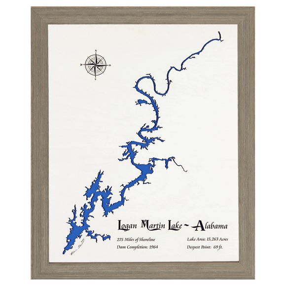 Logan Martin Lake, Alabama White Washed Wood and Rustic Gray Frame Lake Map Silhouette