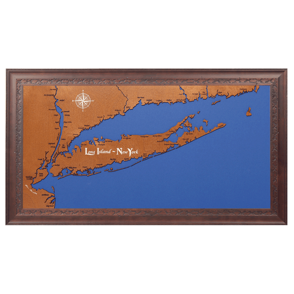 Long Island, New York Stained Wood and Dark Walnut Frame Lake Map Silhouette