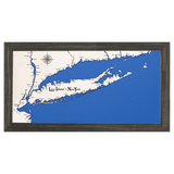 Long Island, New York White Washed Wood and Distressed Black Frame Lake Map Silhouette
