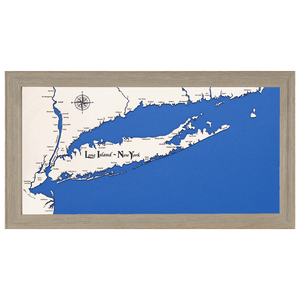 Long Island, New York White Washed Wood and Rustic Gray Frame Lake Map Silhouette