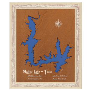 Medina Lake, Texas Stained Wood and Distressed White Frame Lake Map Silhouette