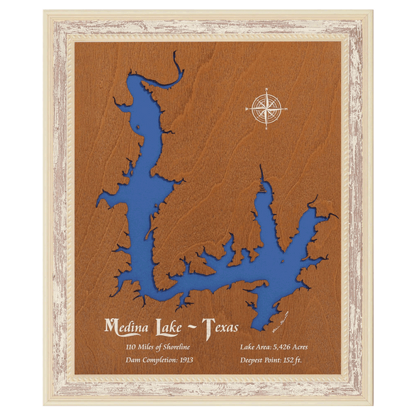 Medina Lake, Texas Stained Wood and Distressed White Frame Lake Map Silhouette